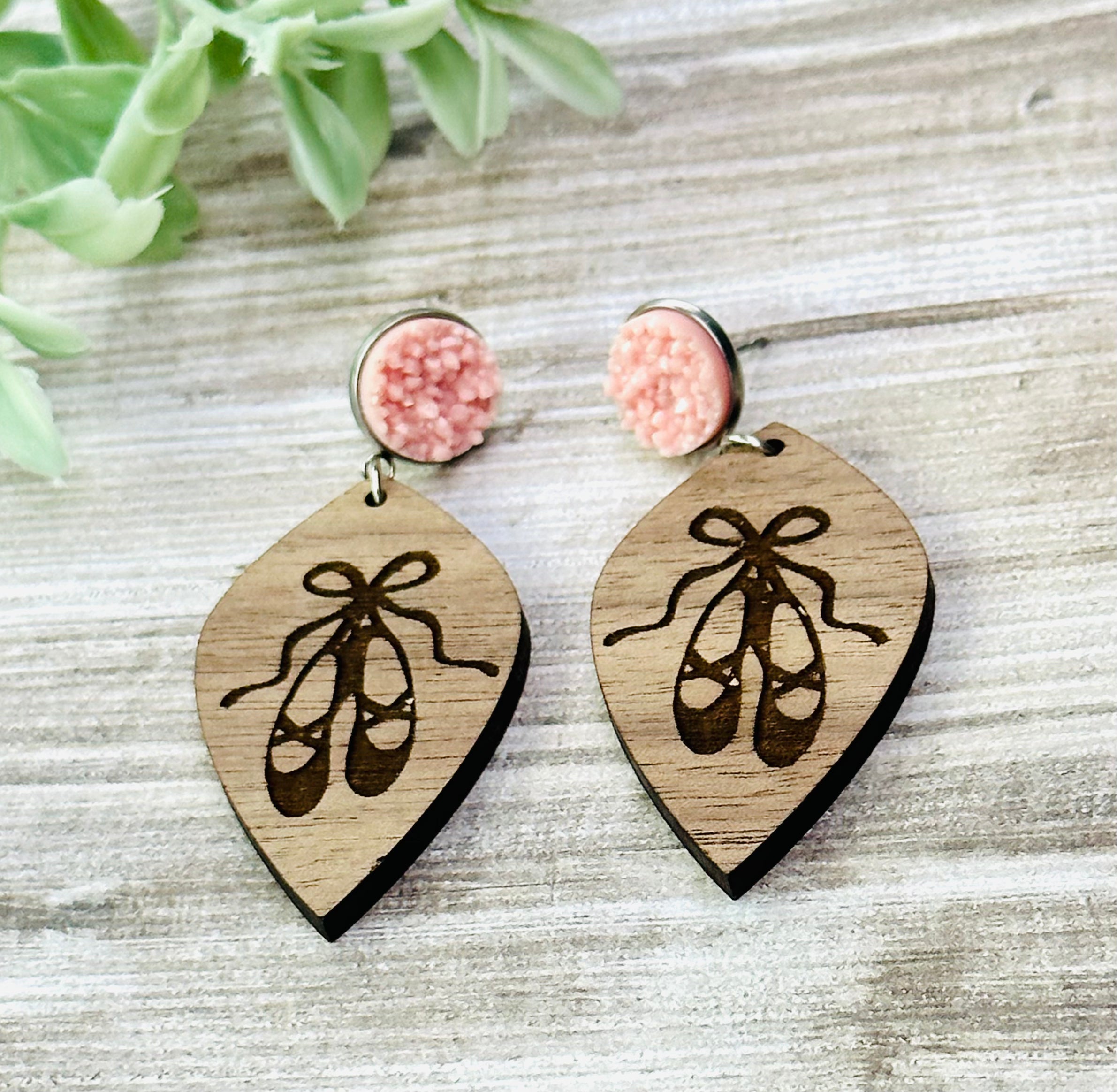 Ballet Shoe Engraved Wood Earrings with Pink Druzy