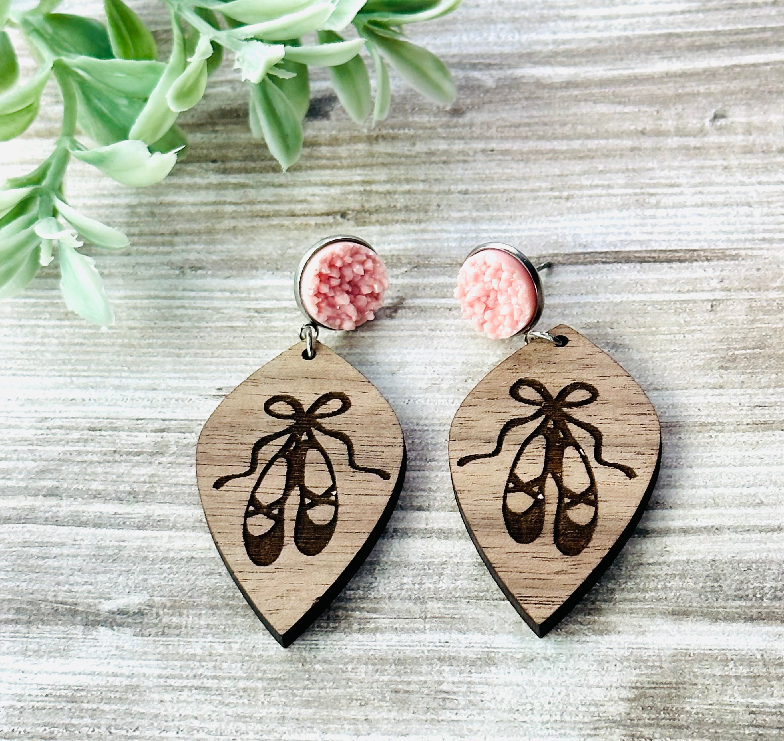 Ballet Shoe Engraved Wood Earrings with Pink Druzy