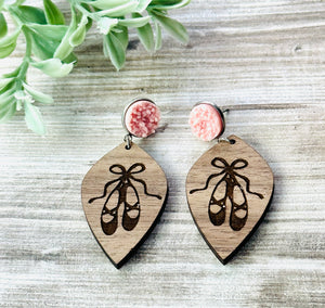 Ballet Shoe Engraved Wood Earrings with Pink Druzy