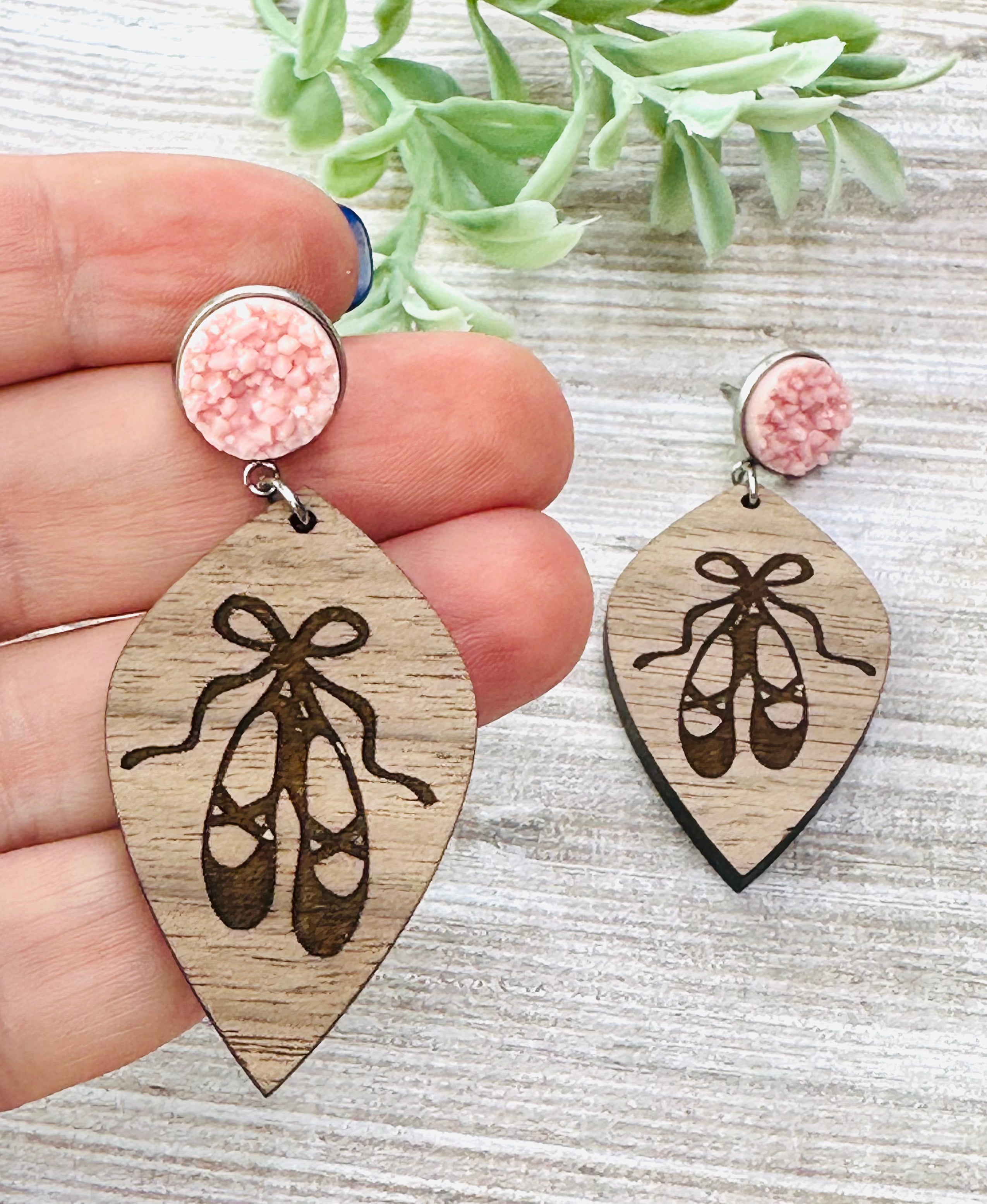 Ballet Shoe Engraved Wood Earrings with Pink Druzy