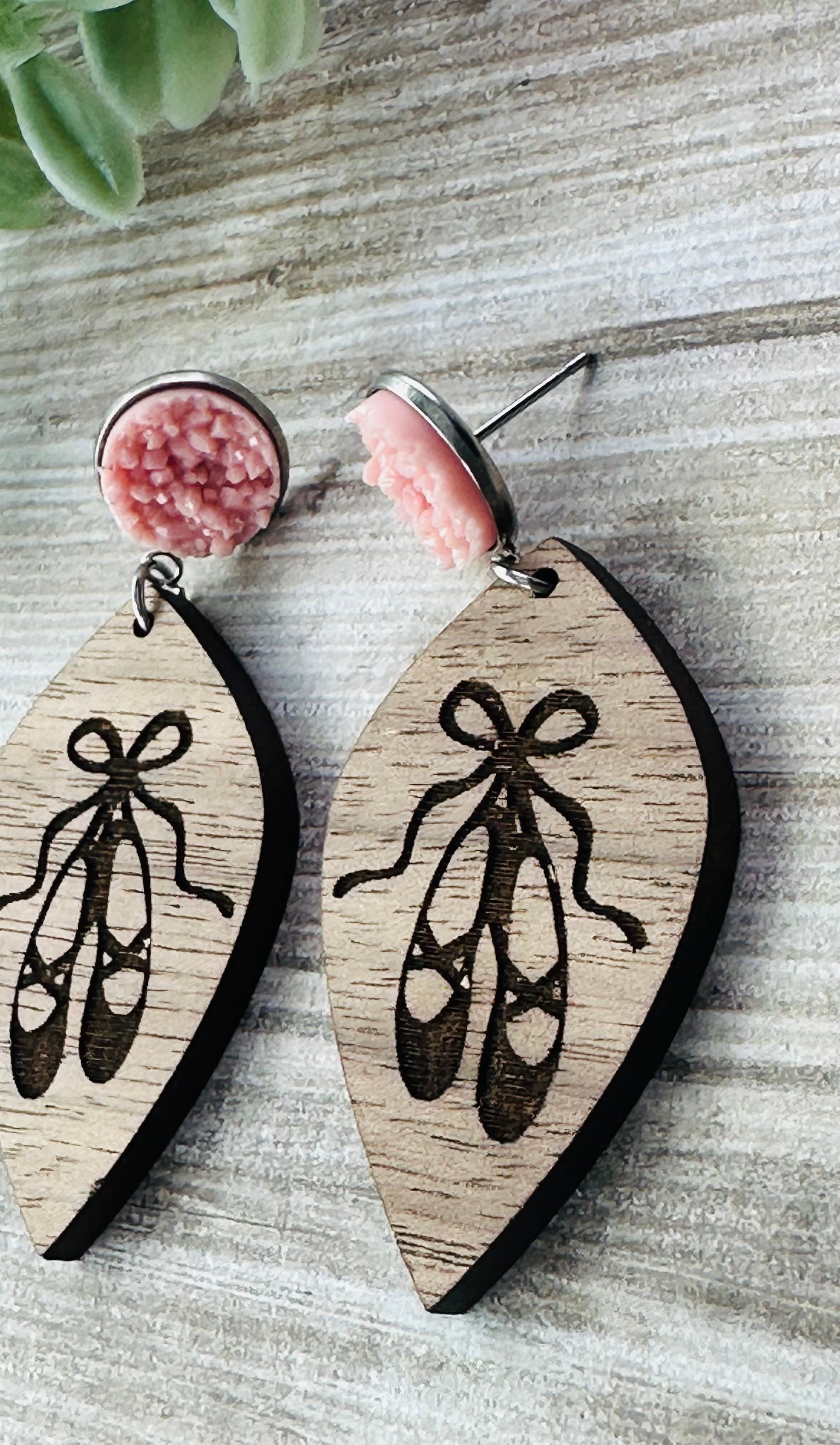 Ballet Shoe Engraved Wood Earrings with Pink Druzy