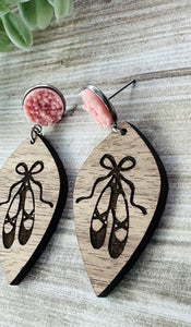 Ballet Shoe Engraved Wood Earrings with Pink Druzy