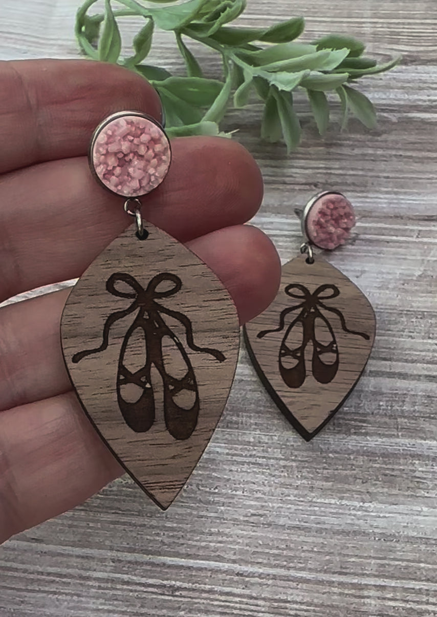 Ballet Shoe Engraved Wood Earrings with Pink Druzy